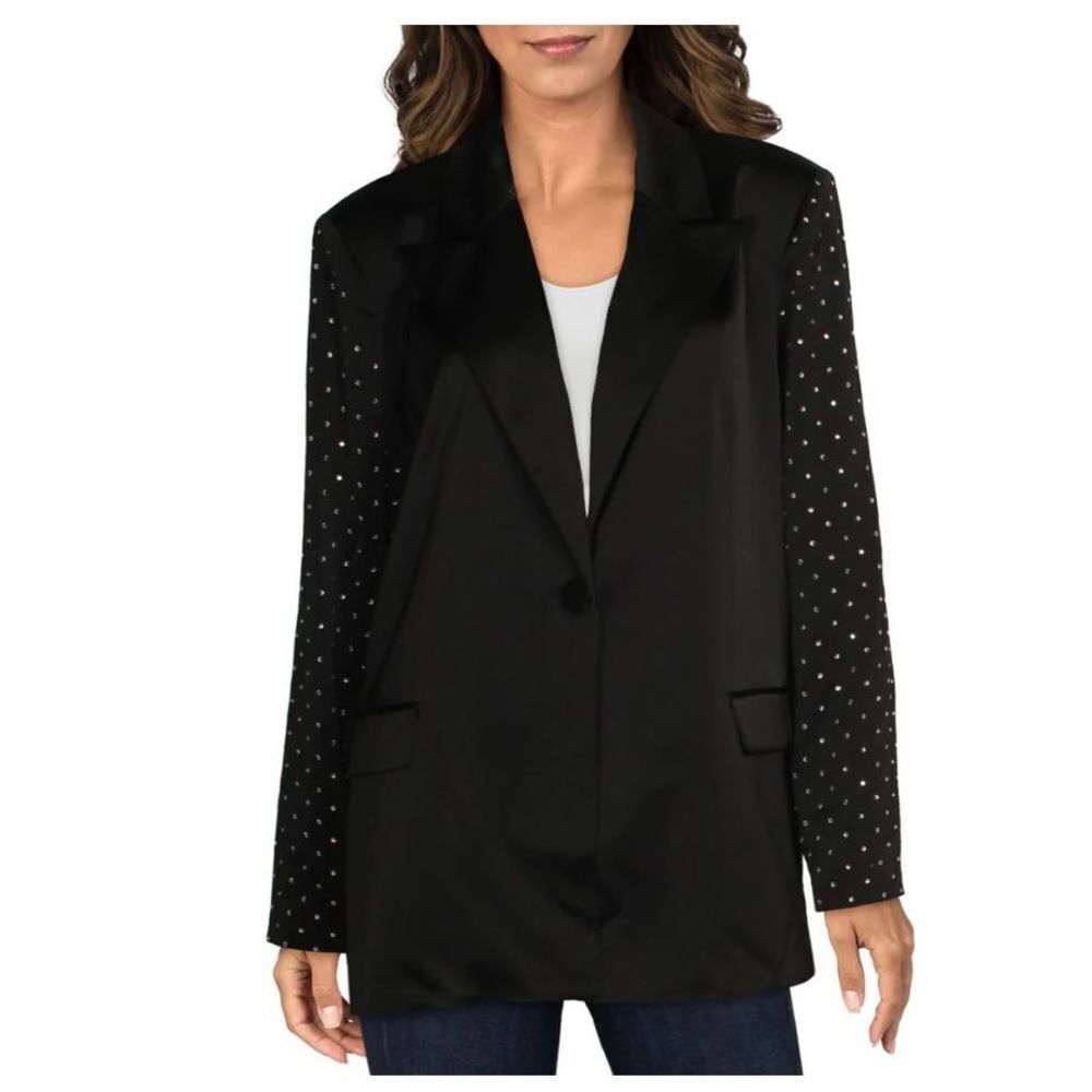 Danielle Bernstein Black Satin Blazer Jacket Coat Rhinestone Sleeves XS NWT